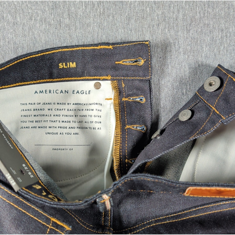 NWT American‎ Eagle Raw Selvedge Denim Jeans Men 28x28 Slim Dark Wash Crop Pants - Picture 4 of 16